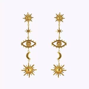 Yellow Gold Evil Eye Sun & Moon Drop Earrings